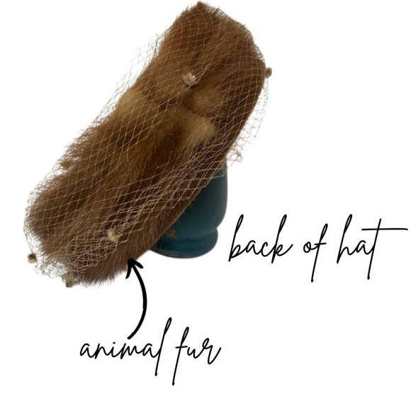 Authentic Vintage Netting Veil and Fur Hat, Brown, with Copper Brown bow - Picture 3 of 5